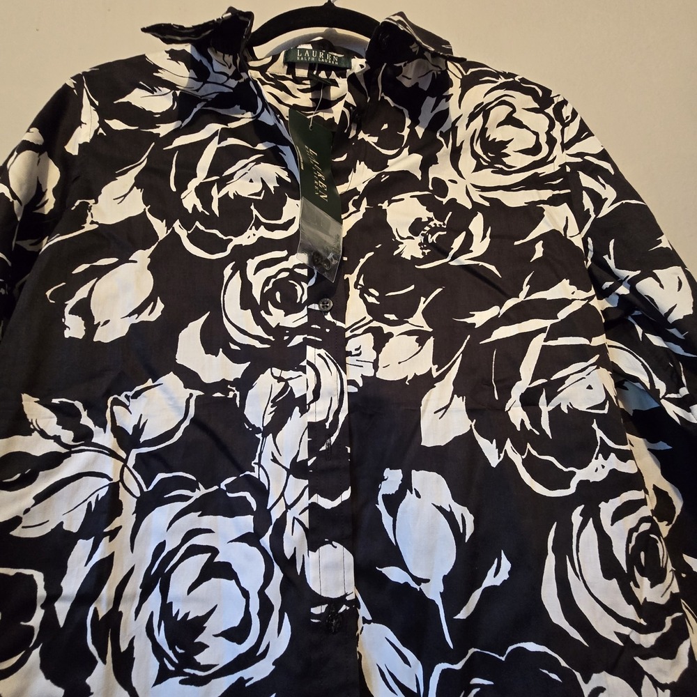 Lauren Ralph Lauren NWT Floral Top Women's MED Black Cotton Office Preppy Button - Picture 4 of 13